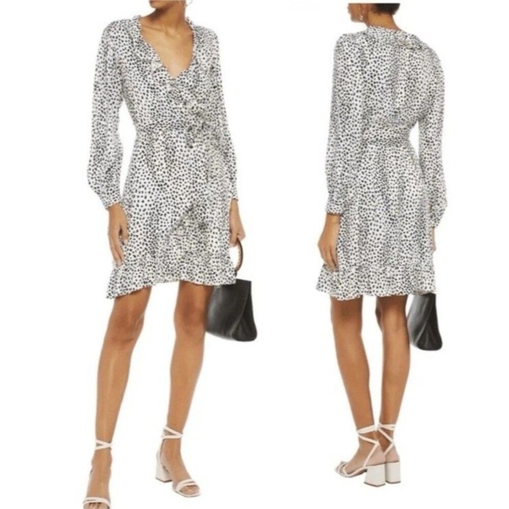 Maje Rosana Dress White Black Ruffle Wrap Mini Dress Long Sleeve Size 1 Small